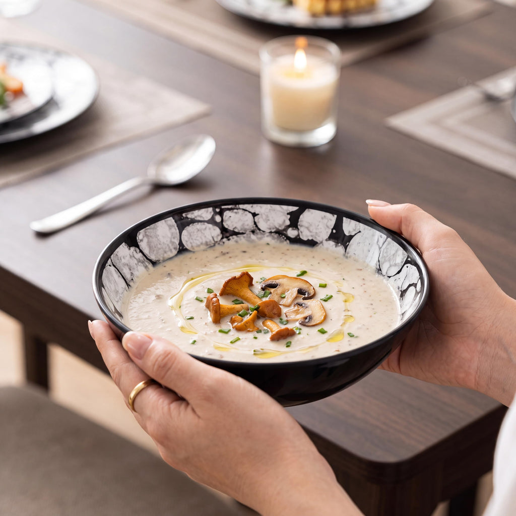 Melamine Dinnerware Set 12pcs, Black and White Plates and Bowls Sets