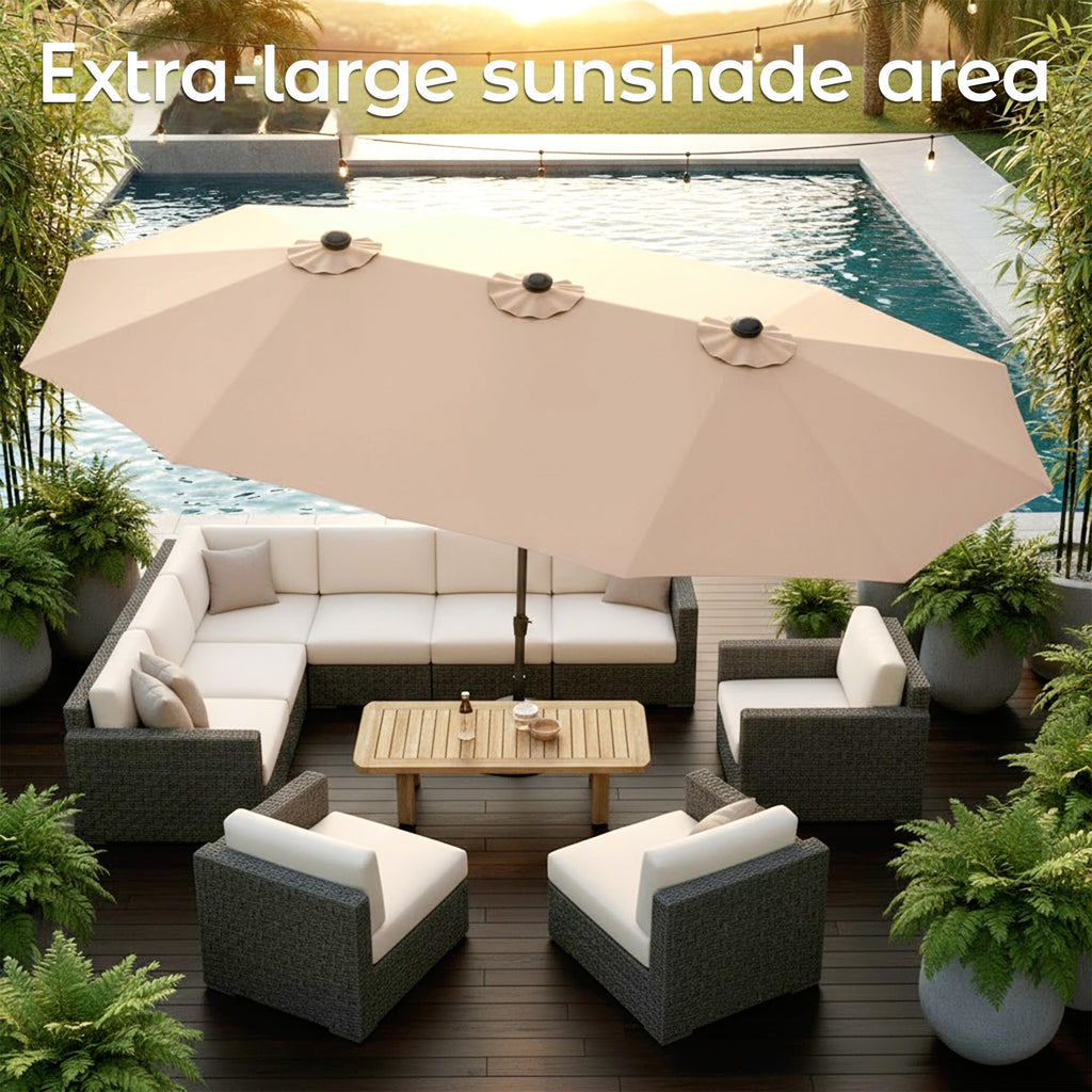 15ft Patio Umbrella with Base, Large Double-Sided Rectangular Umbrella, Beige