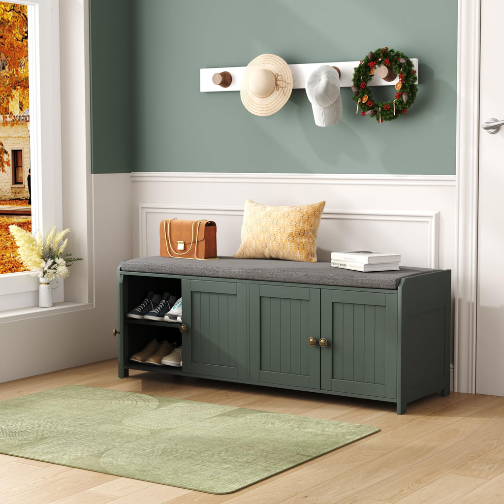 48.4" Shoe Storage Bench with Cushion, Entryway Bench with Paddded Seat, 2-Tier Shoe Cabinet Bench with Adjustable