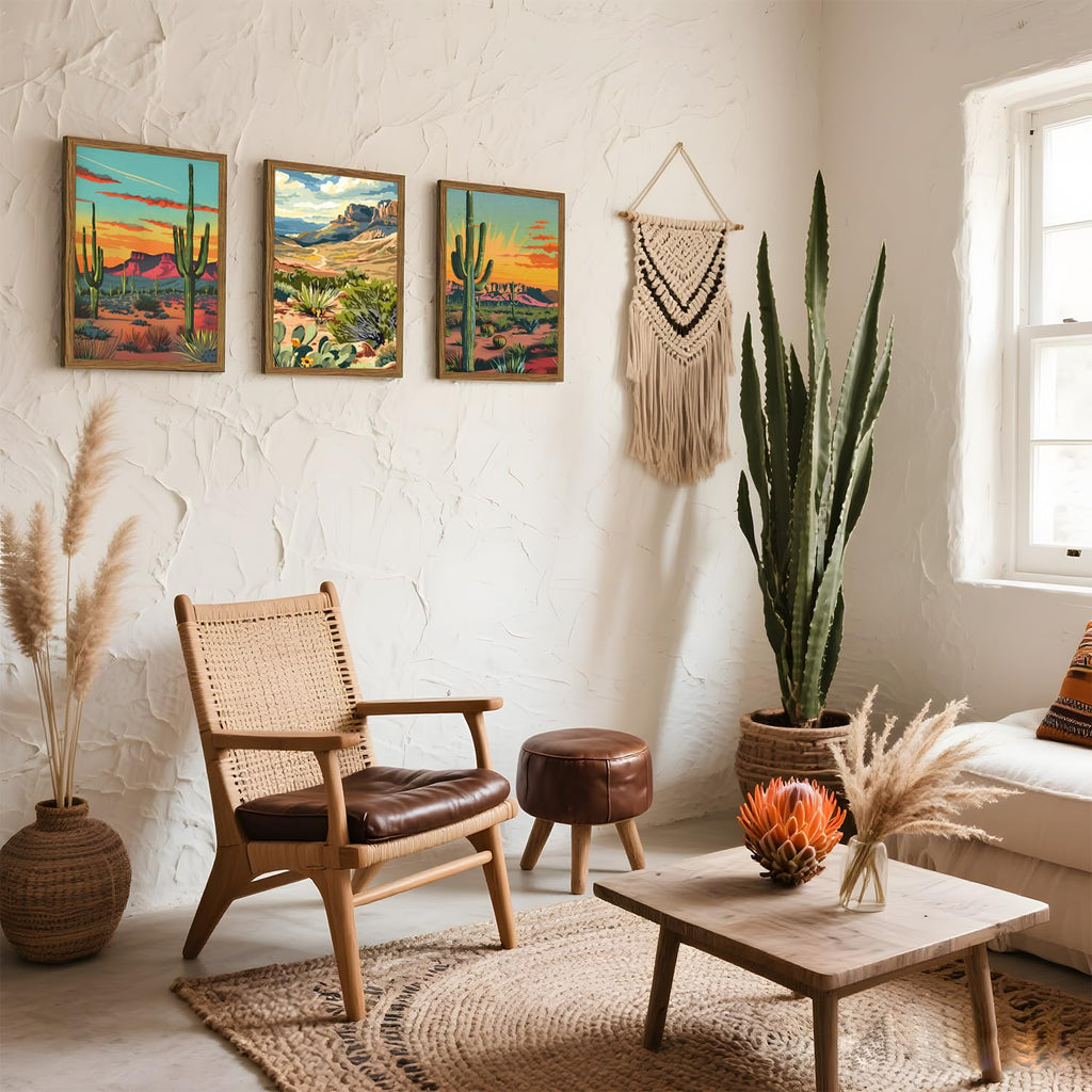 Framed Desert Landscape Wall Art Set of 3, Vintage Mexican Cactus Wall Decor Paintings, Boho Southwestern Mountain