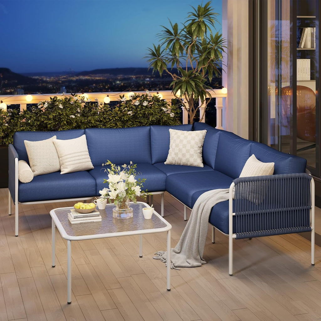 Patio Furniture Set, 6 Pieces Outdoor Sectional Sofa Set, L-Shaped Metal Patio Conversation Set with Side Table
