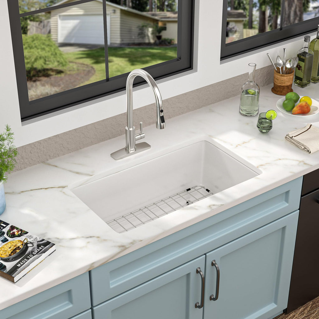 30 White Undermount Sink - 30"x18" Kitchen Sink Dual Mount White Ceramic Porcelain Fireclay Rectangular Deep Single