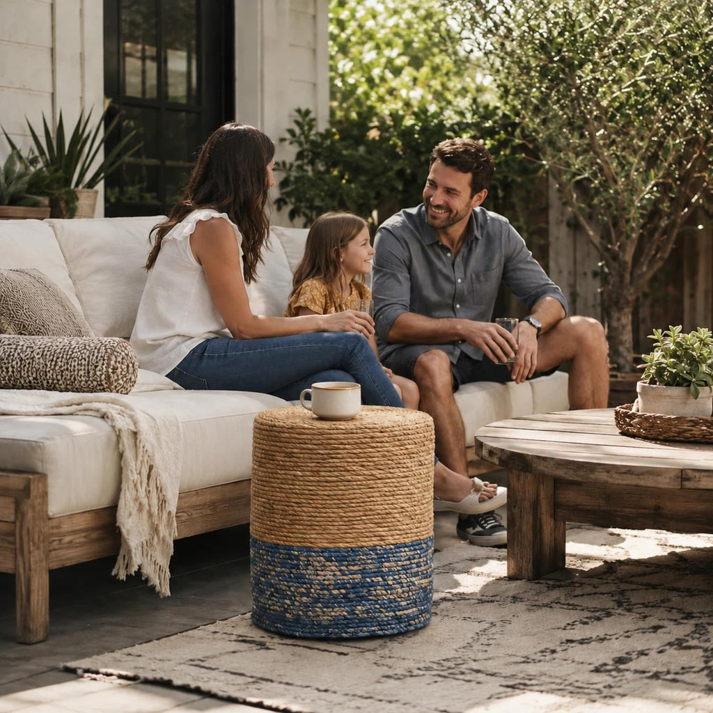 Natural Seagrass Foot Stool, Hand Weaving Round Ottoman, Outdoor Seat (Natural & Blue)