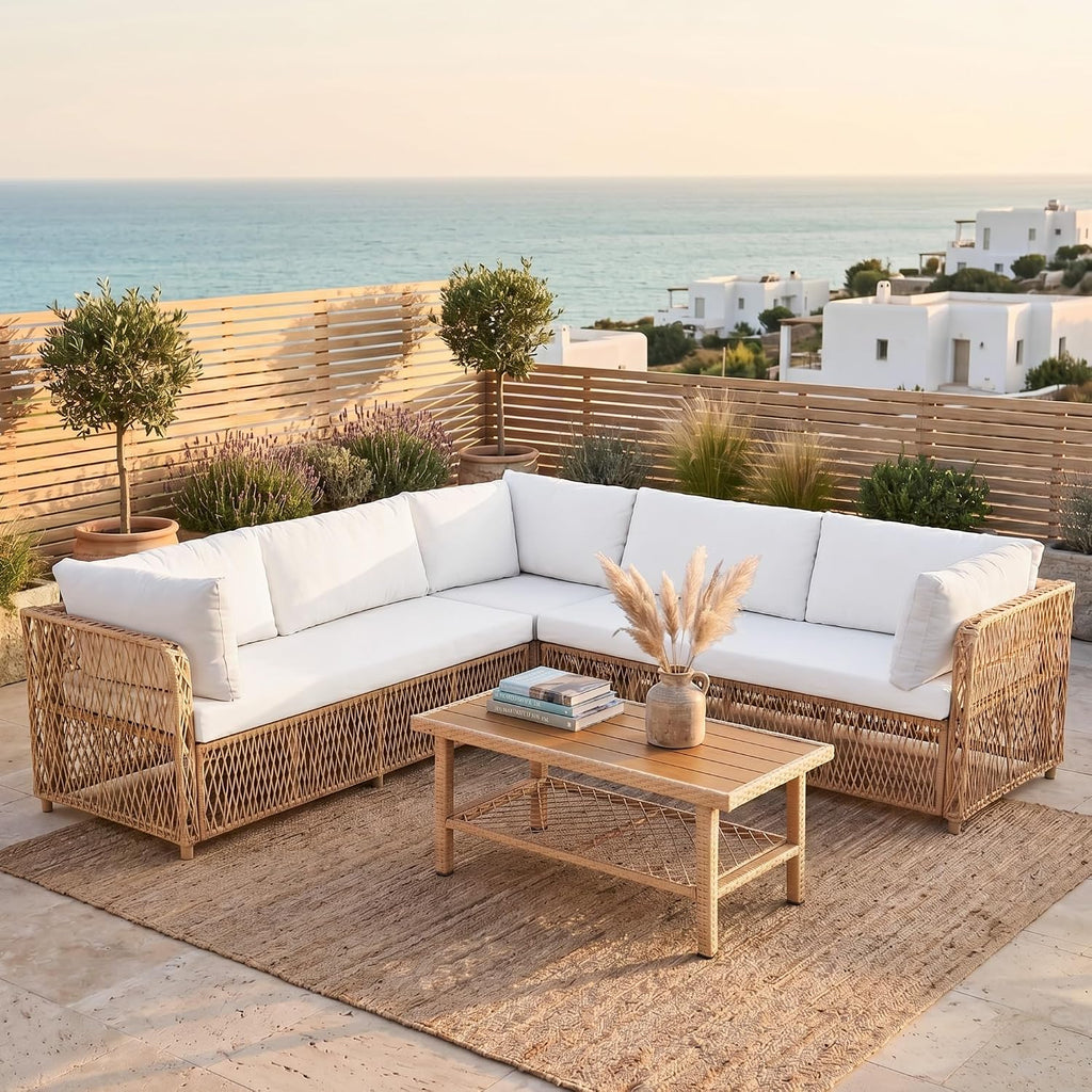 Outdoor Sectional 6-Seater Large Luxury Patio Furniture Set Modular L-Shaped Outdoor Furniture with Thick Cushion All