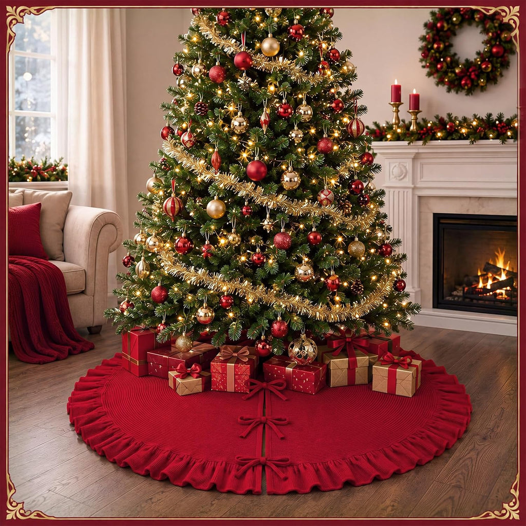 Red Knit Christmas Tree Skirt with Ruffle, 60 Inch