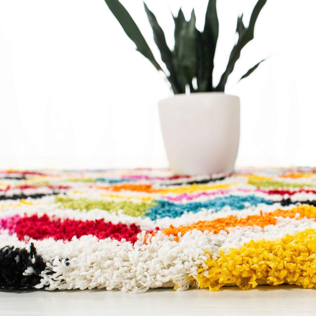 Kids Shag Collection Area Rug - 6'7" Square, Ivory & Multi, Rainbow Chevron Design, Non-Shedding & Easy Care, 2-inch