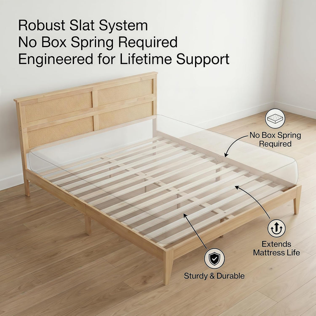 King Solid Wood Bed Frame with Interwoven Rattan Headboard, Rubber Wood Platform Bed with Underbed Storage Space