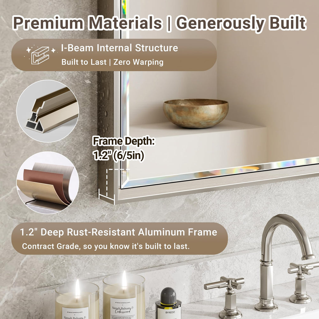 Brushed Nickel Bathroom Mirror, 24x32 Inch Beveled Framed Bathroom Mirror Anti-Rust, Brushed Nickel Metal Frame
