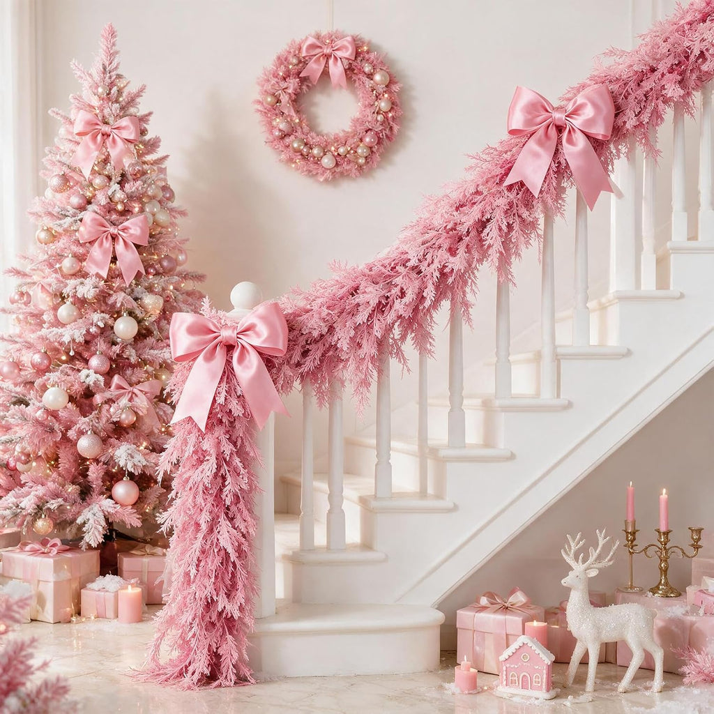 12FT Pink Christmas Cedar Garland, Realistic Artificial Garland, Soft Pastel Xmas Decorations Indoor Outdoor, Faux