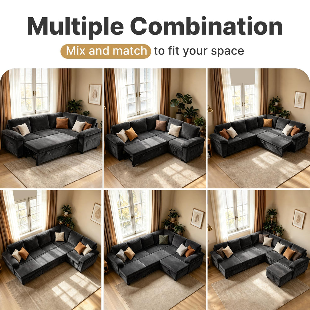 Oversized Sectional Sleeper Couch, 8 Seat Modular Sofa Pull-Out Storage Bed
