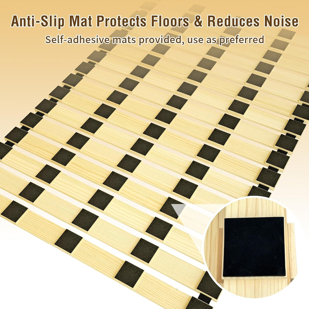 Tatami Mat Floor Bed, Knotless Solid Wood, Roll-Up Slatted Bed Plate with 2 Storage Straps, Moisture-Proof and