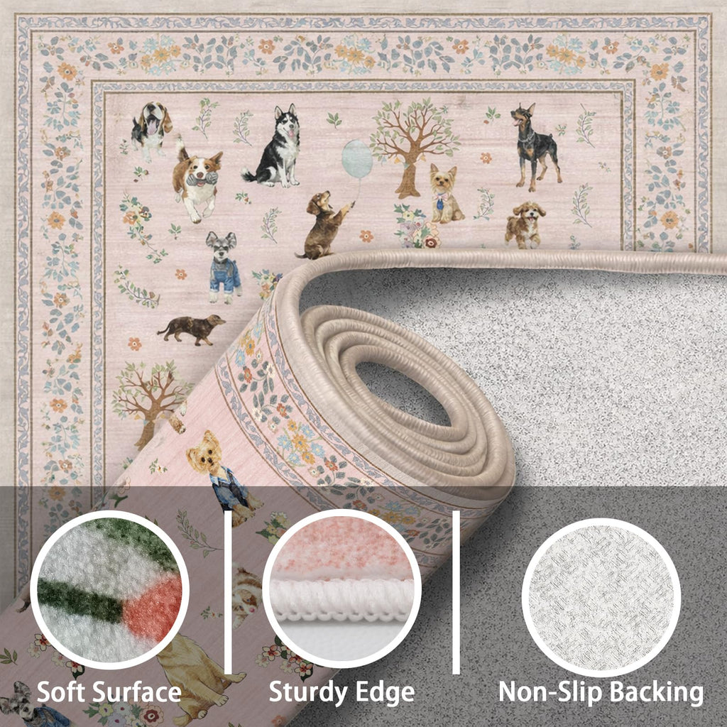 Pink 4Ft Round Dogs Area Rug Bedroom