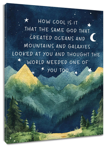 Mountain Forest Inspirational Wall Art Christian Positive Affirmations Framed Canvas Wall Art Moon Starry Night Blue