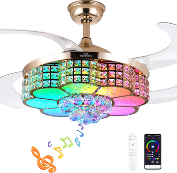 Retractable Crystal Ceiling Fan with Light, Bluetooth Ceiling Fan with Speaker, RGB-LED Light 6 Speed Reversible Low