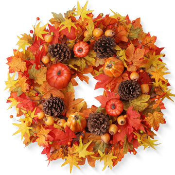 Fall Wreaths for Front Door 24 Inch Fall Wreath with Orange Pumpkins Pinecones Maple Leaves Large Berries Autumn