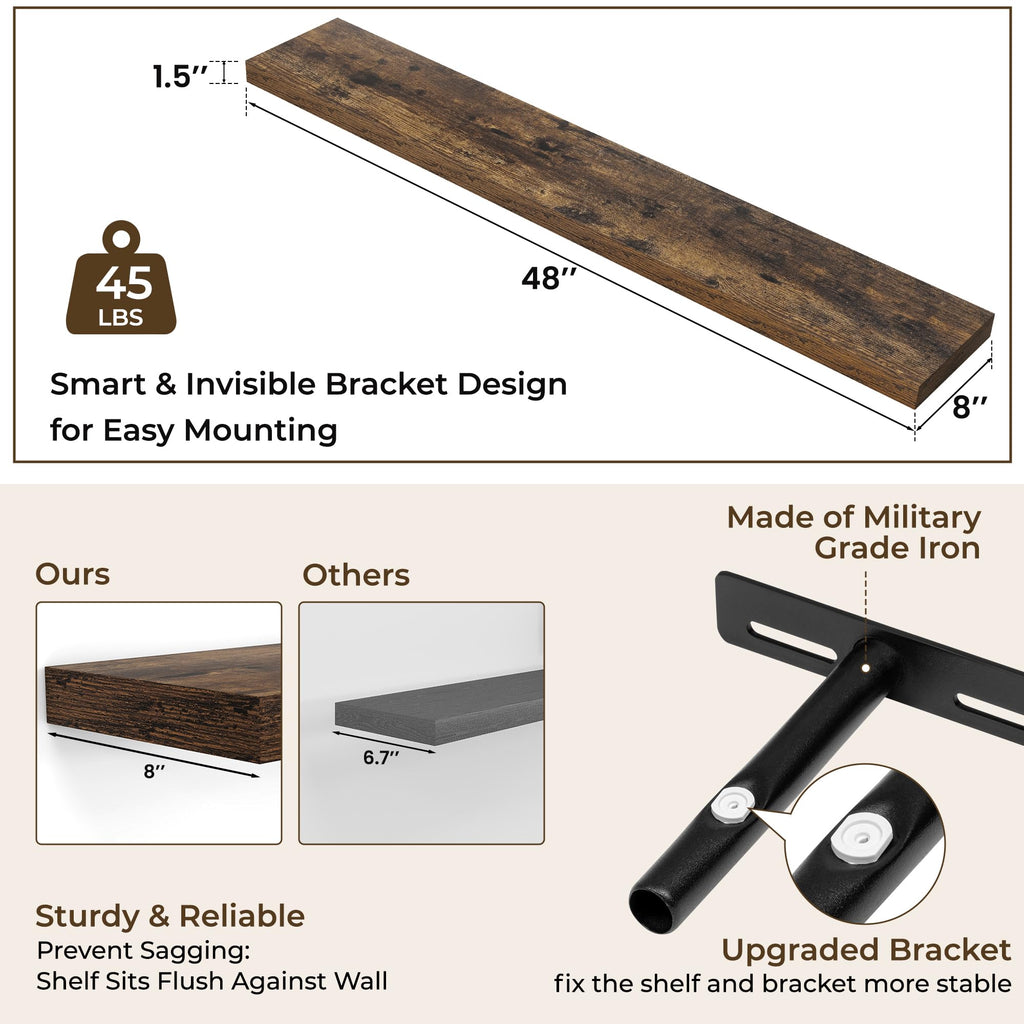 Long Floating Shelves for Wall 1Pack|Rustic Brown|48" Lx8 D