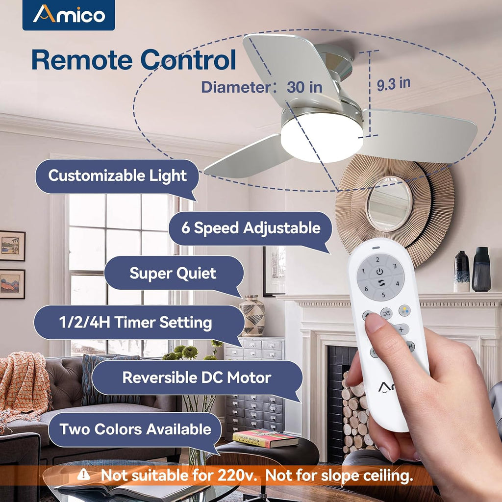 Ceiling Fans with Lights, 30 inch Low Profile Ceiling Fan with Light and Remote Control, Flush Mount, Reversible, 3CCT, Dimmable, Noiseless, Nickel Ceiling Fan for Bedroom, Indoor/Outdoor Use A102-B0C61KVQC4