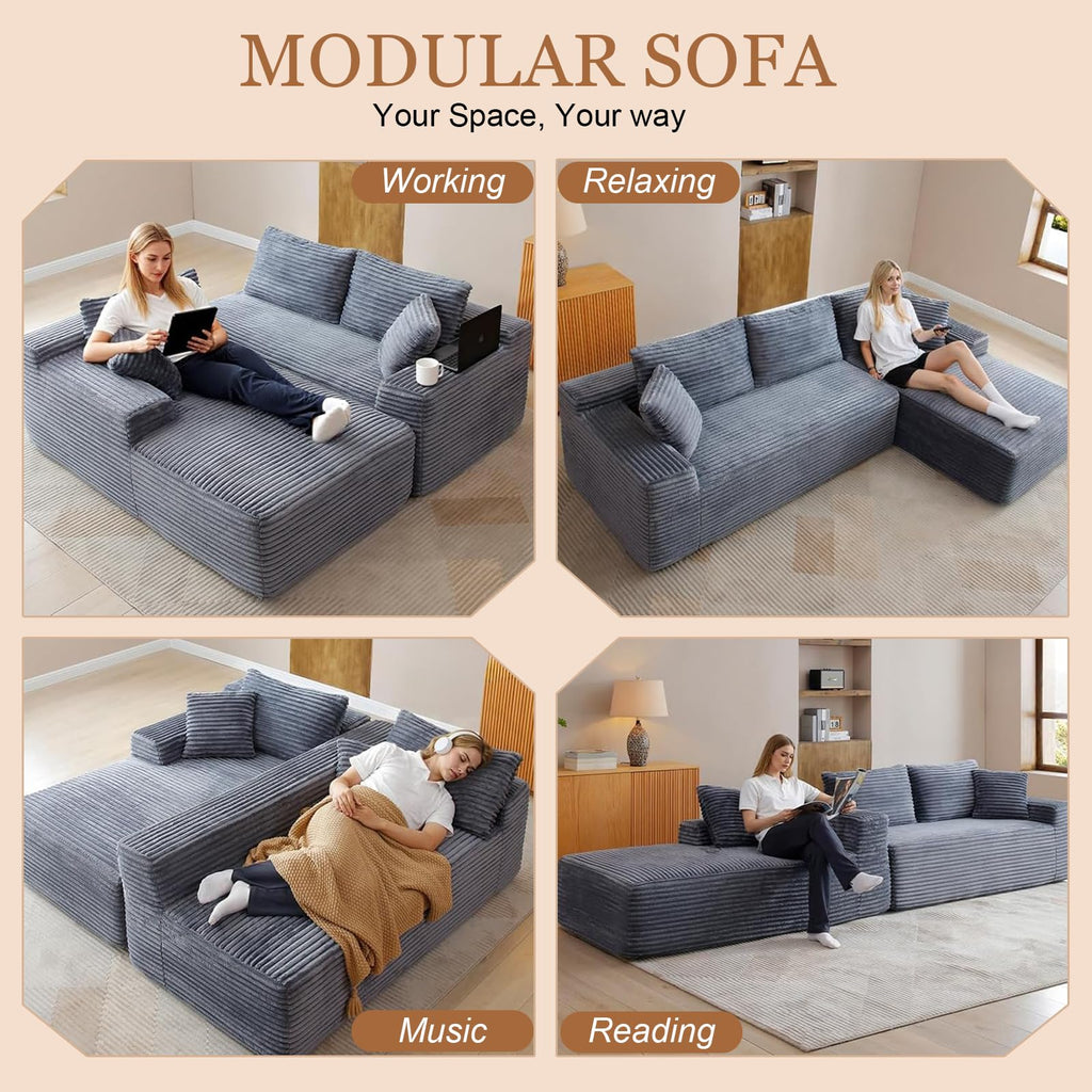108" Cloud Sectional Couch, Modern Boneless Couch with Chaise, Deep Seat Modular Sectional Sofa Corduroy Foam Couches