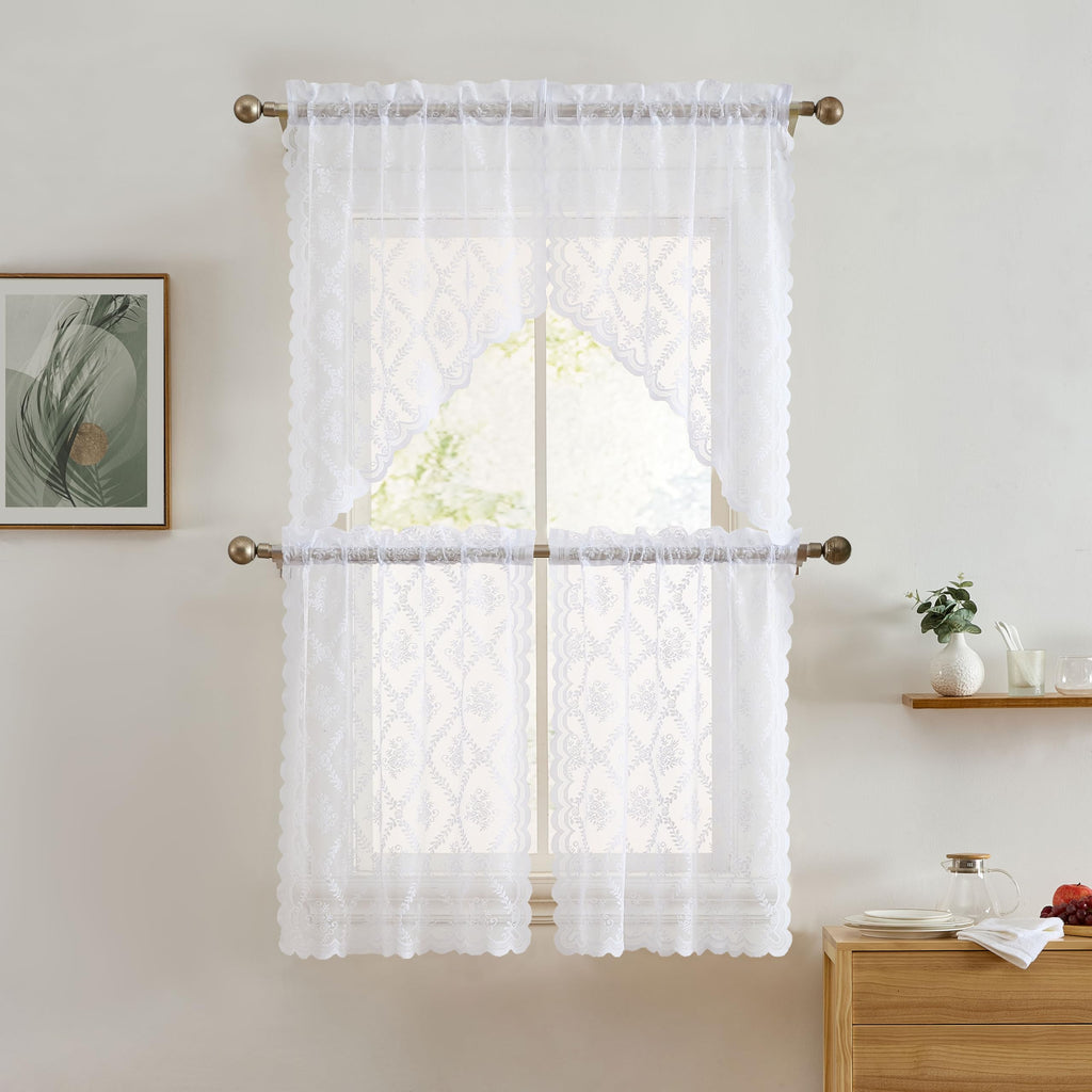Isabella White Lace Valance Curtains, Sheer Topper, 54x18 inch