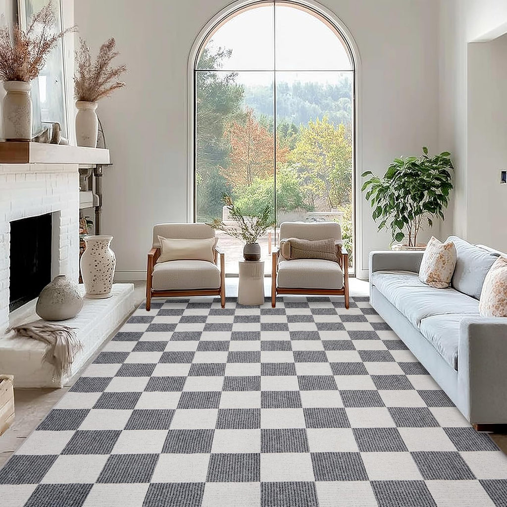 Washable Rug 5x7 ft Checkered Rug, Grey and White Area Rug, Boho Large Rugs, Low Pile Lightweight Indoor Carpet with