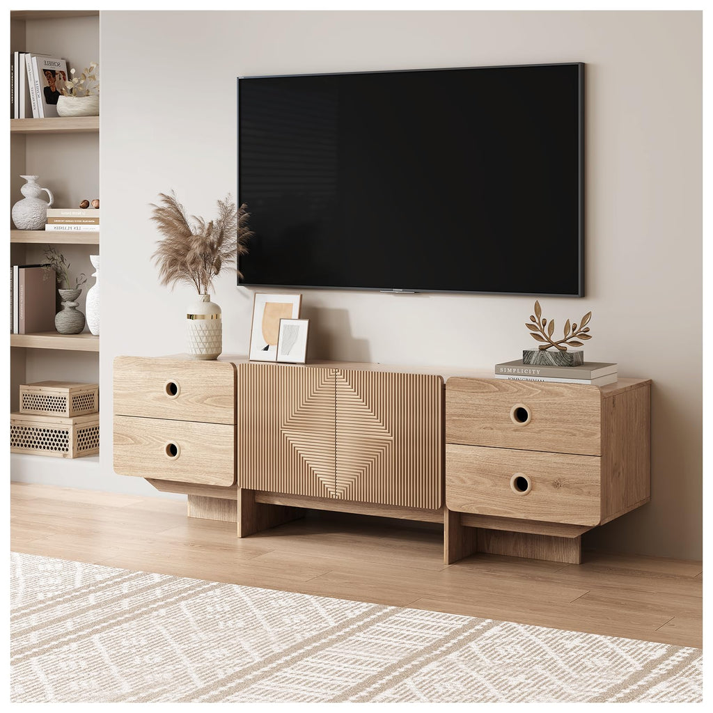66" Fluted TV Stand, Boho TV Consoles, Modern Entertainment Center with Storage, Media Console Cabinet for 75 inch