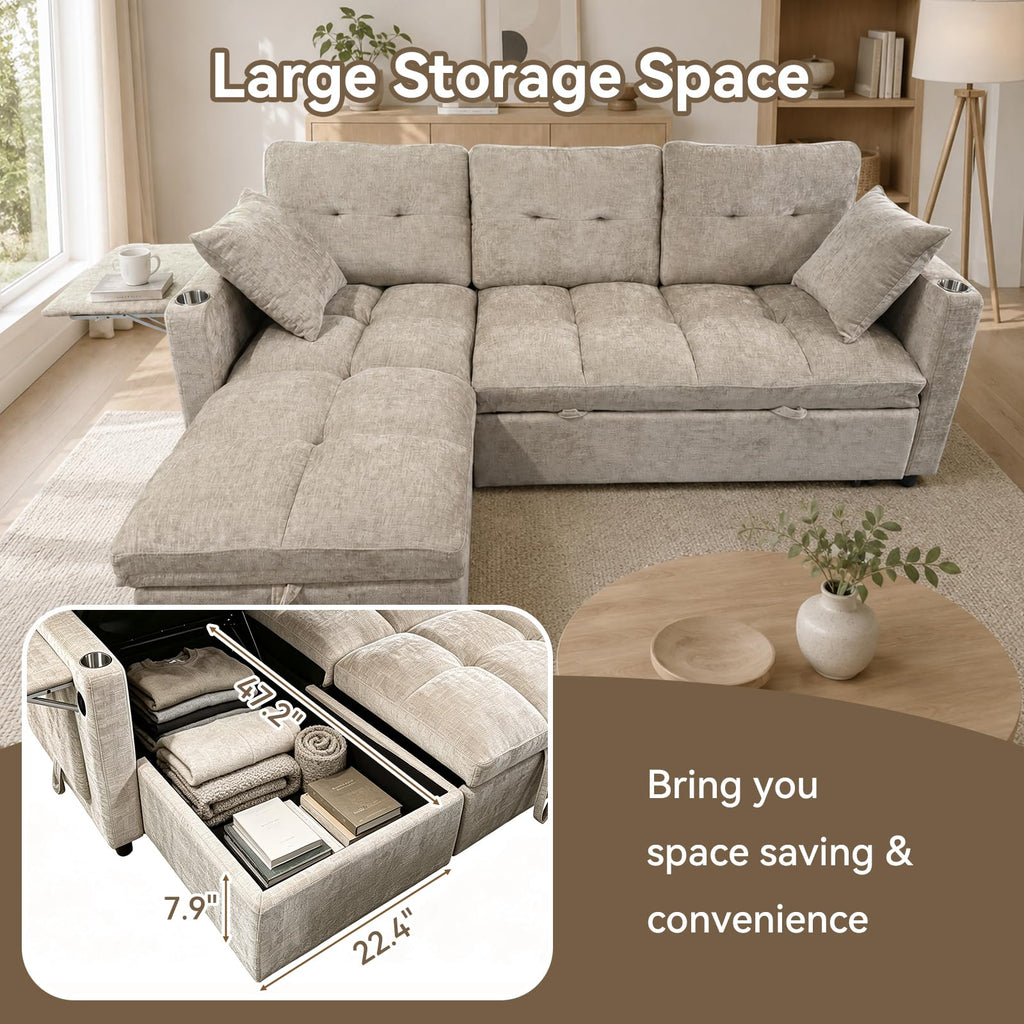 82" Sleeper Sectional Sofa, Comfy Convertible Sofa Bed with Pull Out Couches, Chenille L Shaped Couch with Reversible