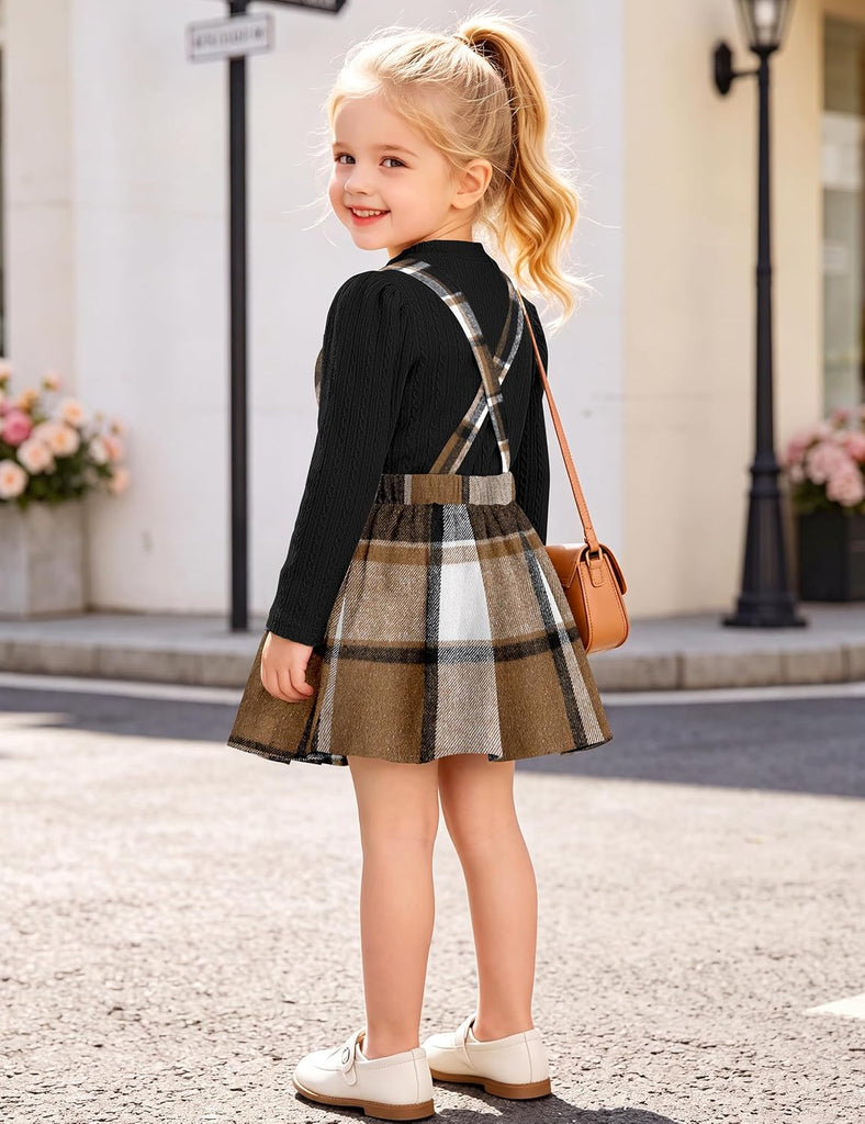 Toddler Girl Plaid Outfits Knit Ribbed Tops Heart Suspender Skirts