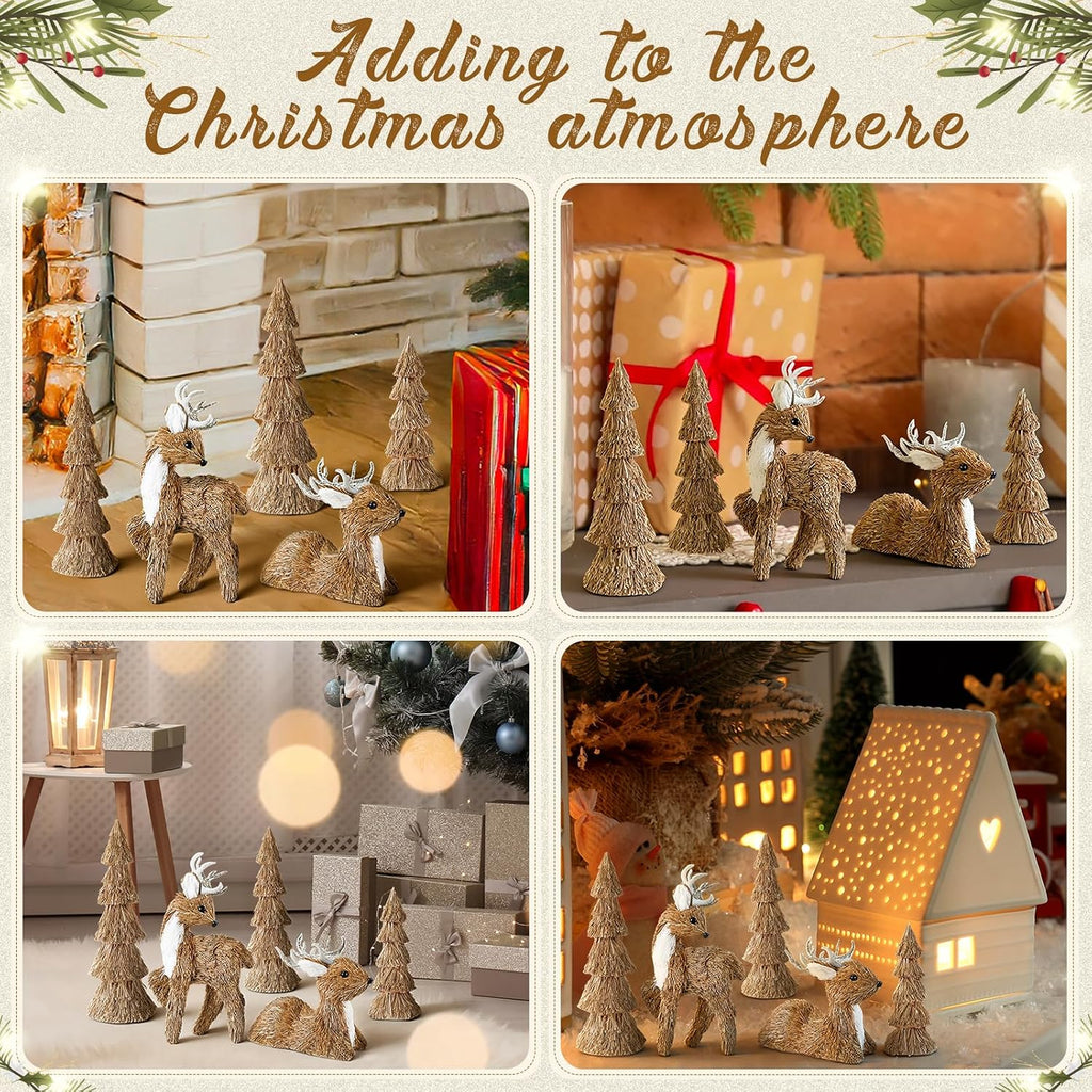 5 Pcs Christmas Sisal Reindeer Tree Centerpieces Table Fireplace Decor Christmas Deer Figurines Rustic Woodland