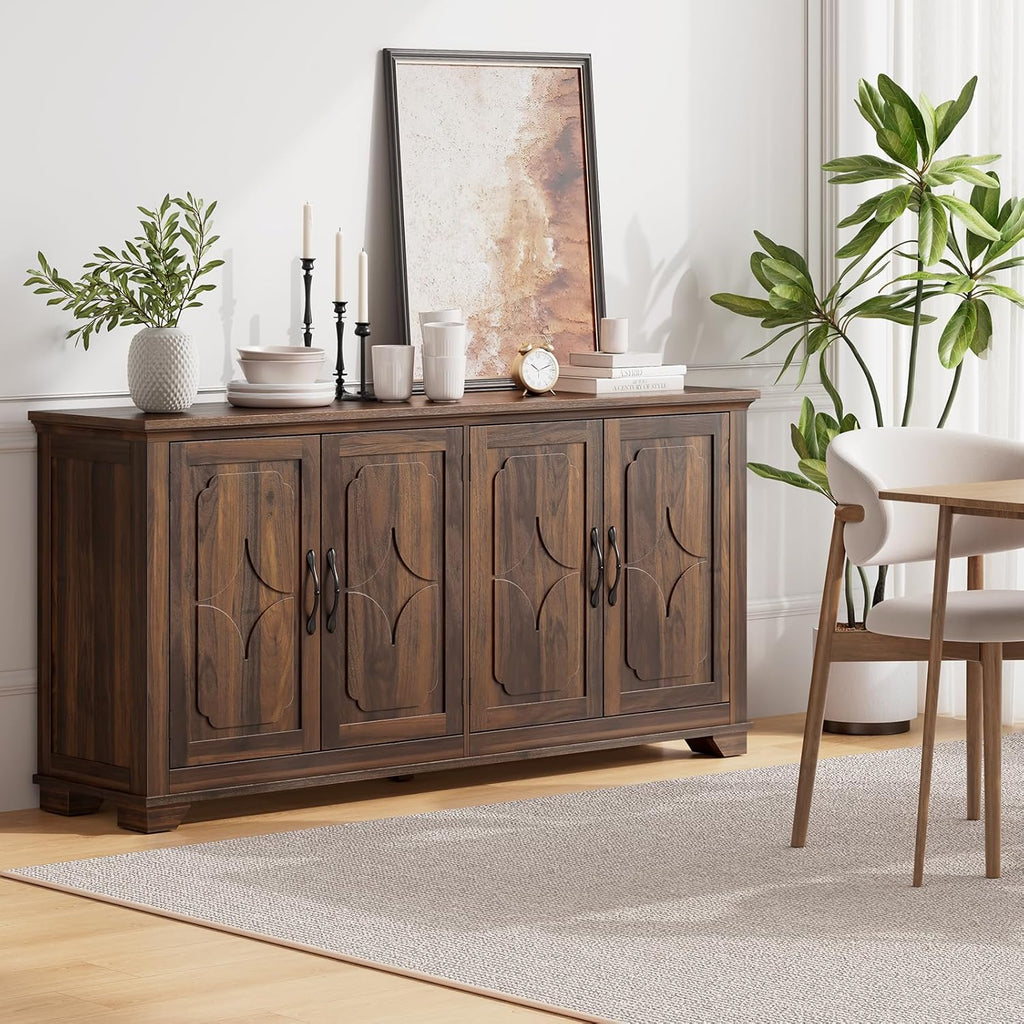 63 Inch Buffet Cabinet with Storage, Large Sideboard Cabinet with 4 Carved Doors