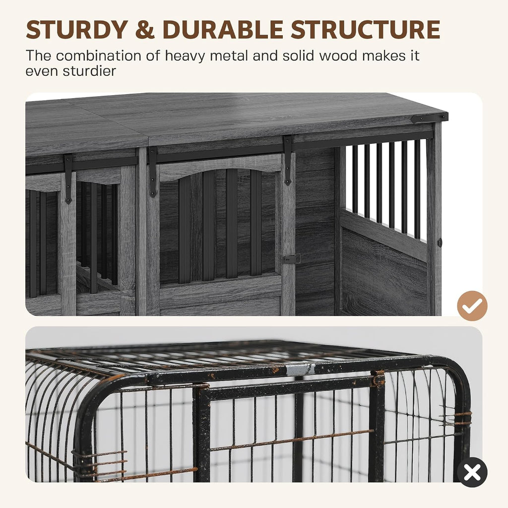 Double Dog Crate Furniture, Extra Large Dog Kennel with Barn