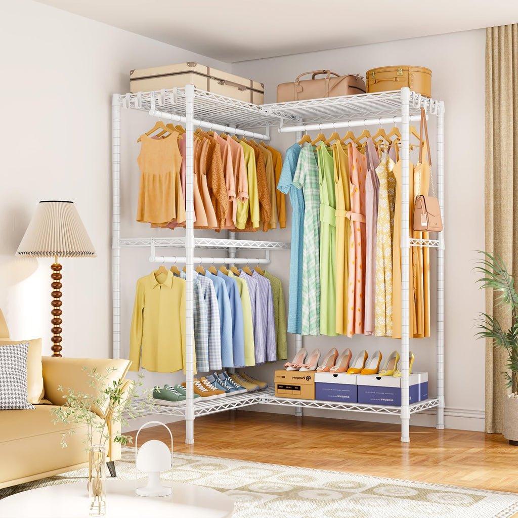 E15 Garment Rack L Shaped Clothes Rack for Corner, Freestanding Clothing Racks for Hanging Clothes, Heavy Duty Closet