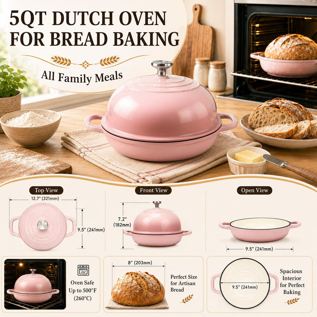 5QT Enameled Cast Iron Dutch Oven for Sourdough Bread Baking