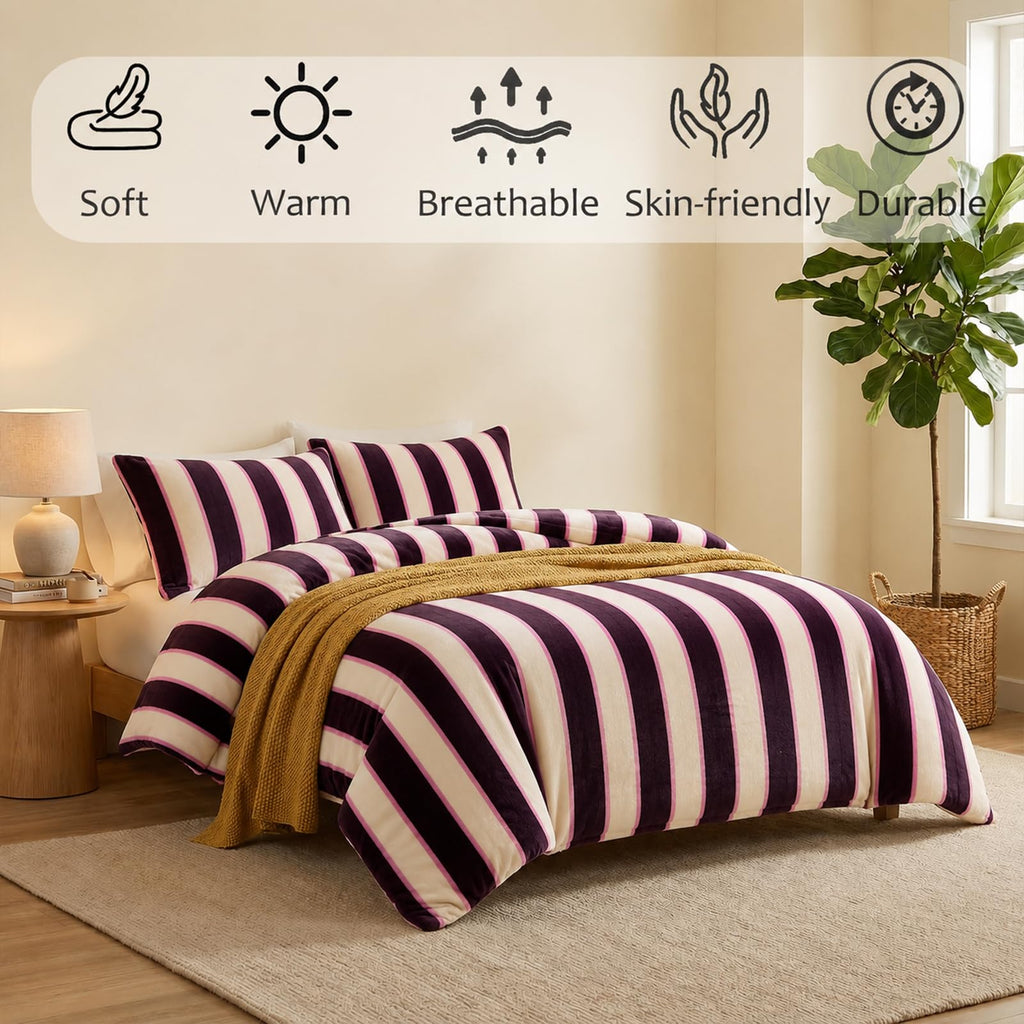 Striped Queen Comforter Set Velvety Fleece Comforter Set Modern Style Striped Beding with 2 Pillowcases Lightweight 3