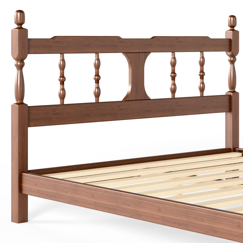 Queen Vintage Wood Spindle Post Bed, Bamboo Platform Bed, Brown