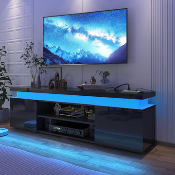 LED TV Stand for 75 Inch TV, Modern TV Stand with Power Outlet, High Gloss TV Console Entertainment Center with