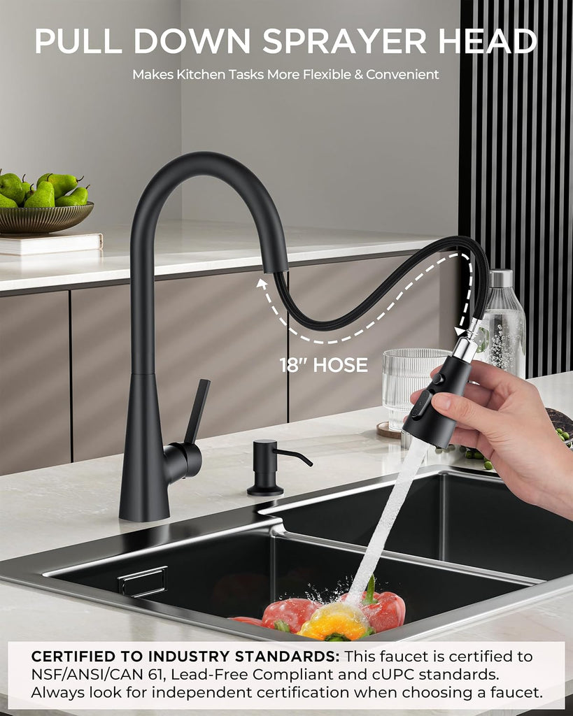 Kitchen Faucet with Soap Dispenser, 4-Function Pull Down Sprayer | Lead-Free, Modern Black, High Arc Stainless Steel