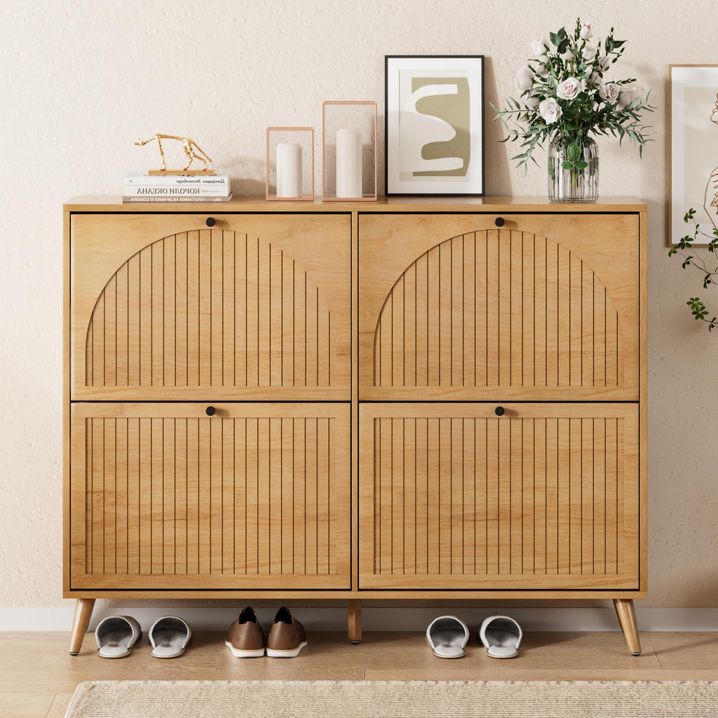 Shoe Storage Cabinet with 4 Fluted Flip Drawers, Oak