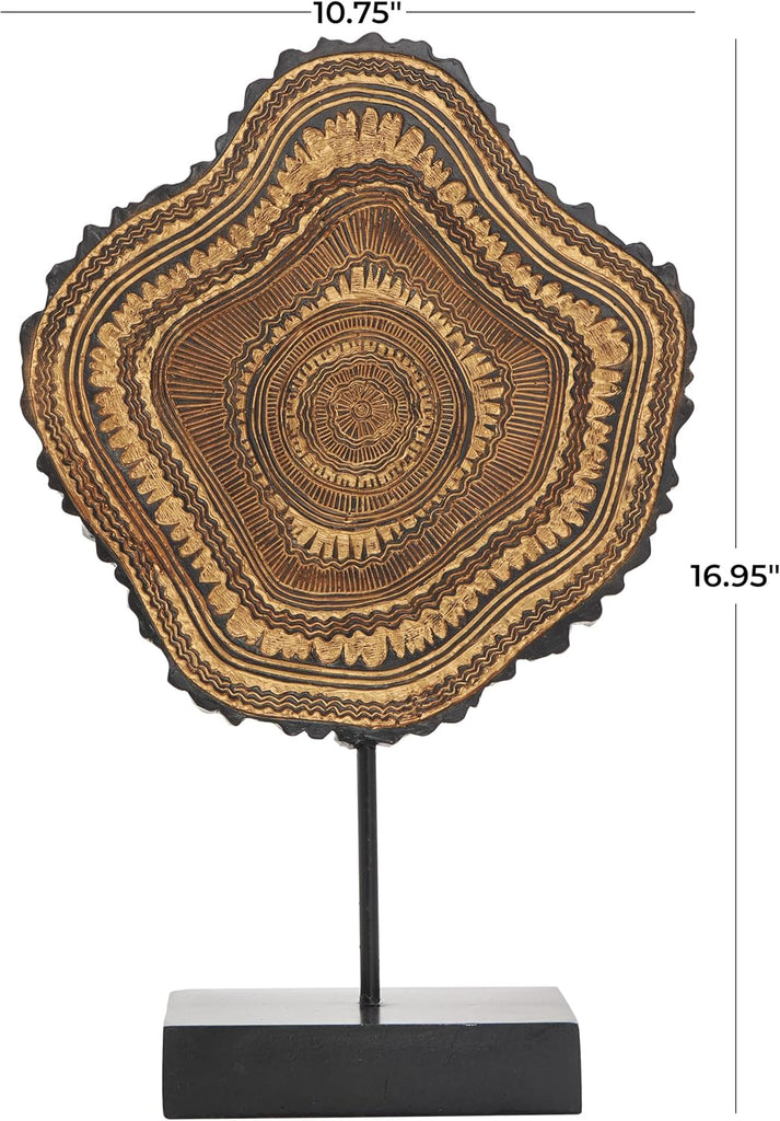 79 Resin Tribal Decorative Sculpture Abstract Carved Home Decor Statue with Black Stand and Wavy Edge, Accent