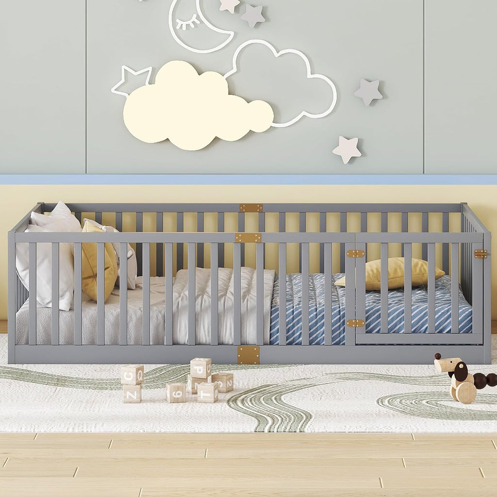 Floor Bed with Slats and Door, Montessori Floor Bed with Rails, Easy Assemble Montessori Beds