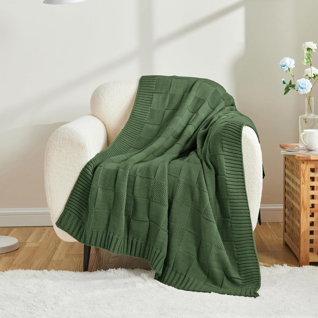 Christmas Green Knitted Checkered Throw Blanket 50"X60"
