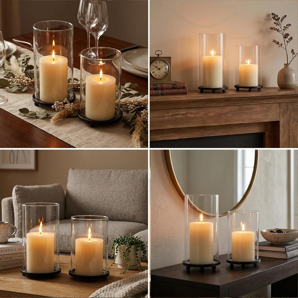 Hurricane Candle Holders Set of 2 - Pillar Candle Stands with Glass Sleeves for Fireplace Mantel & Dining Table