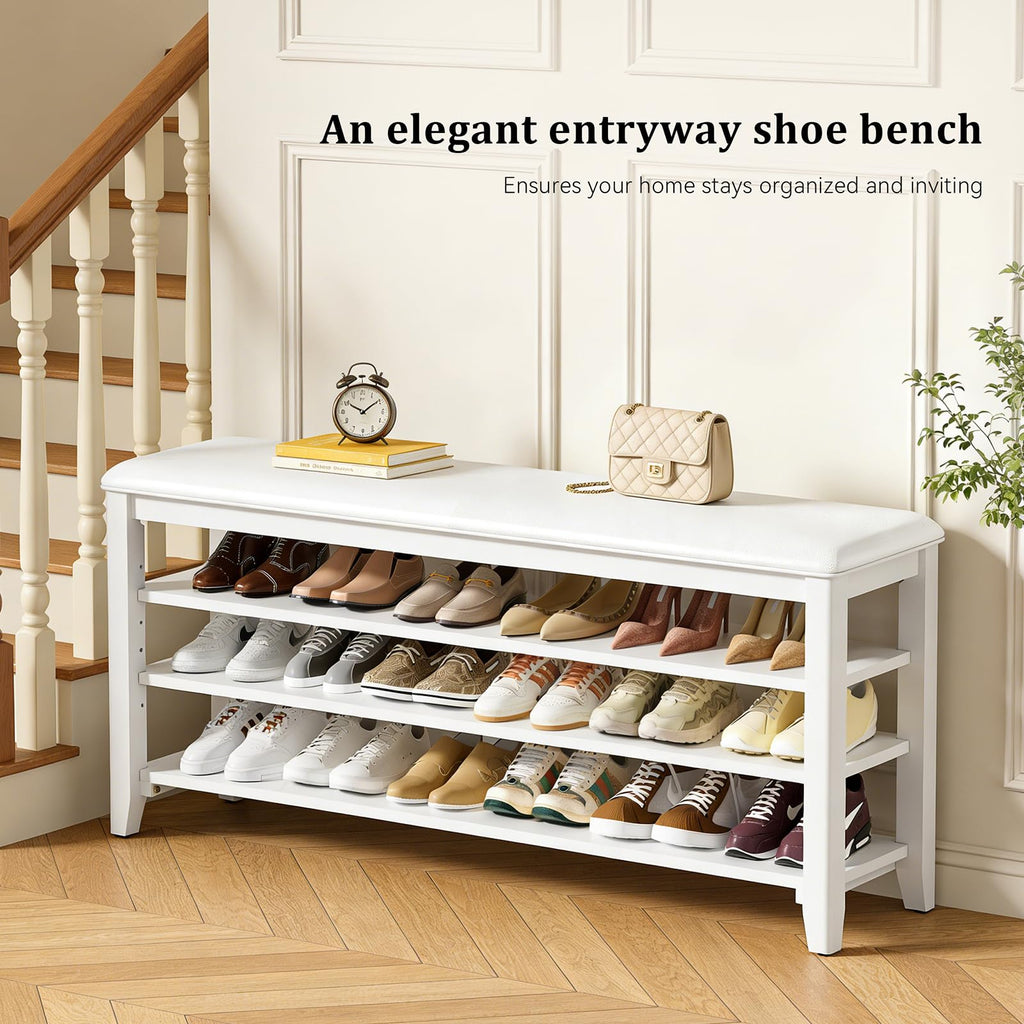 Shoe Rack Bench with 3 Tier Adjustable Shelves Rubberwood Entryway