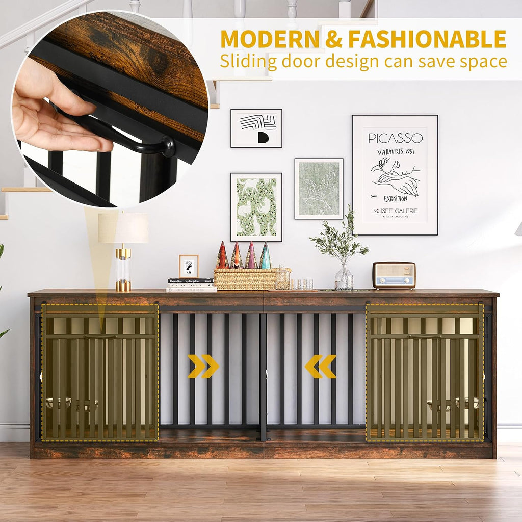 Double Dog Crate Furniture with 4 Dog Bowls