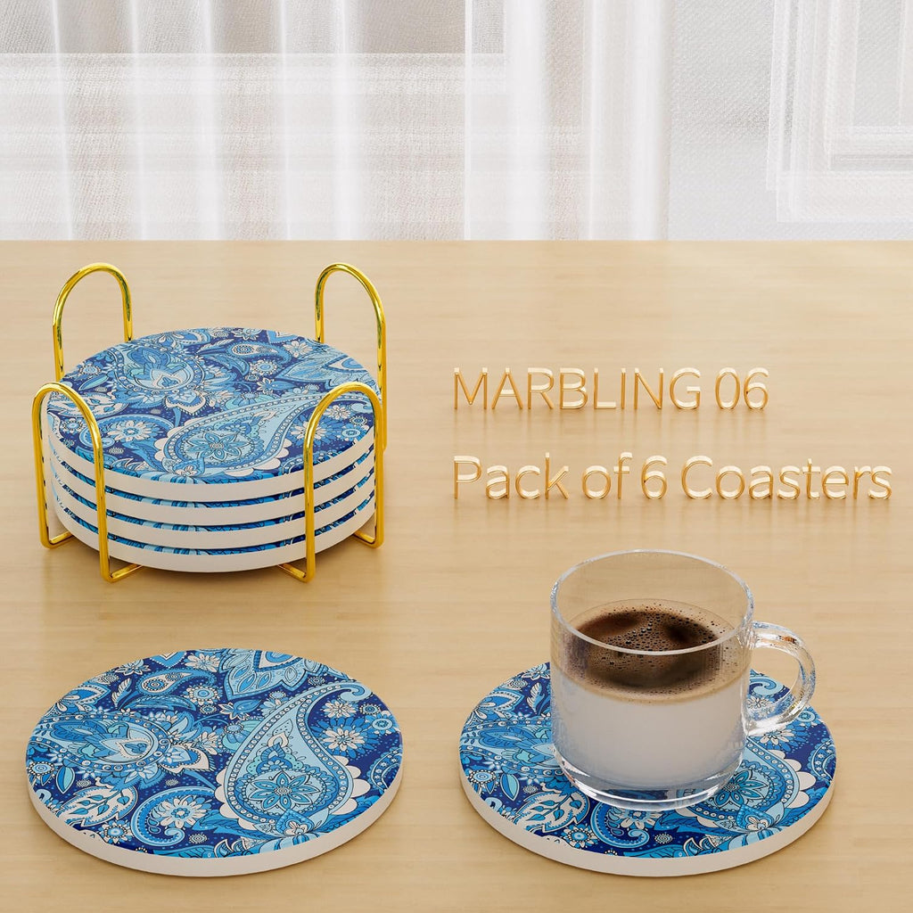 /Set Marble Abstract Ceramic Coasters with Holder, Absorbent Drink Coasters, Coffee Cup Coaster,Round Ceramic - Set of 6