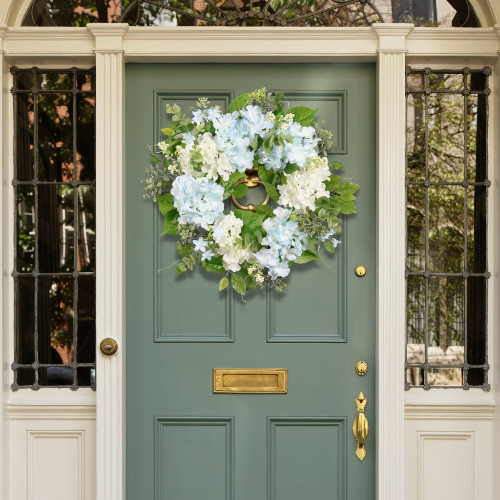 Spring Wreath Artificial Hydrangea Eucalyptus 20IN, Light Blue White Green, Spring Easter Summer Front Door Wall