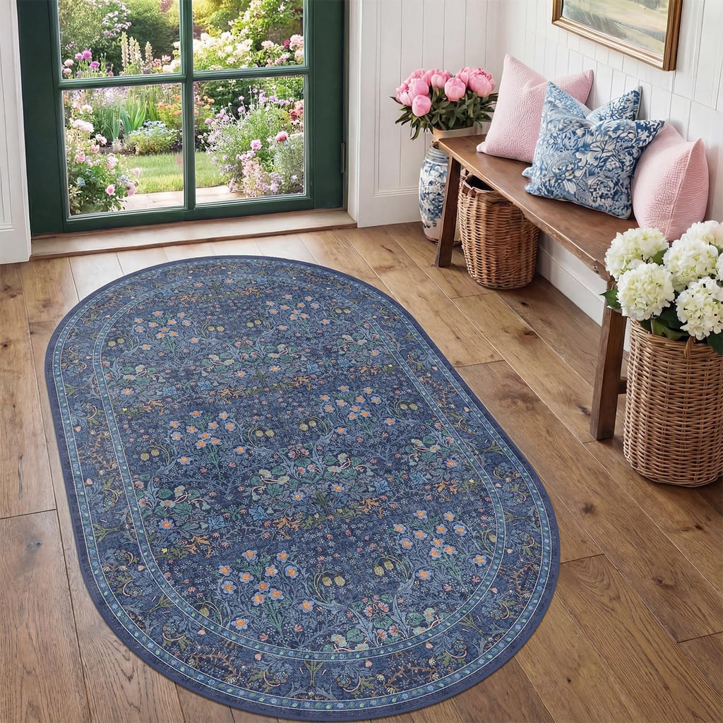 Vintage Dark Blue Oval Area Rug 3x5