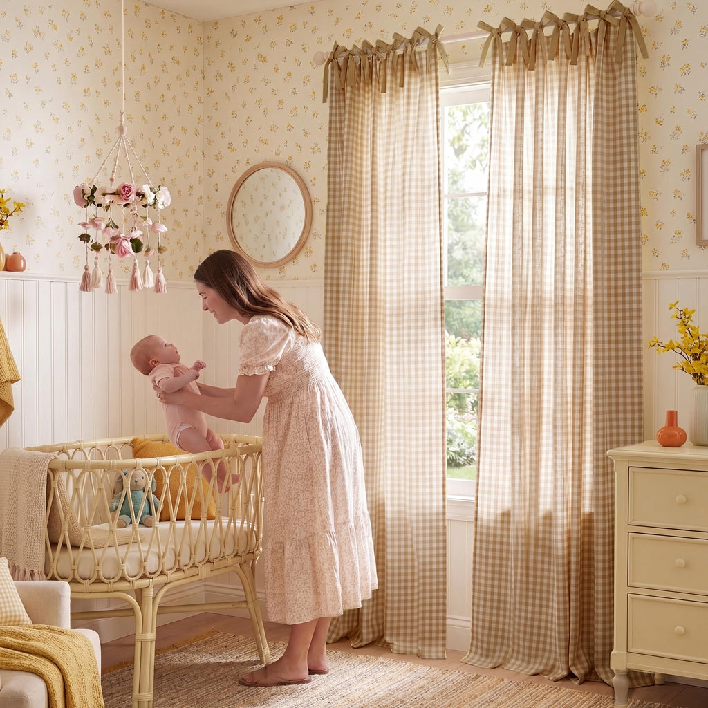 Linen Blend Taupe Gingham Curtains, Tie Top Bow Knot Home Decor Checkered Drapes Farmhouse Semi Sheer Plaid Window