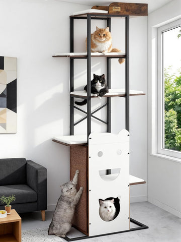 Wood Modern Cat Tree Tower, 84 Inch XL Tall Indoor Large Cat Condo
