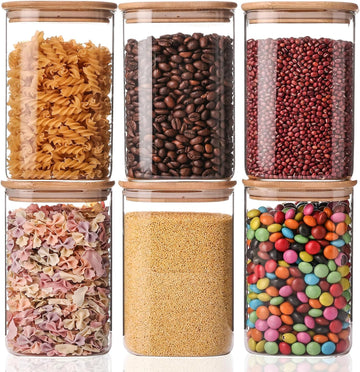6 Pack Glass Food Storage Jars 37 oz, Glass Storage Containers Clear Glass Food Canister with Bamboo Lid Airtight For