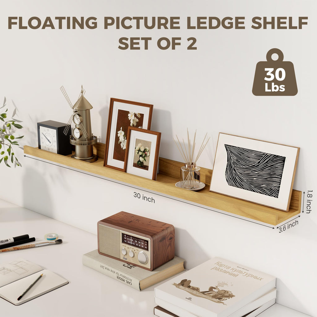 30 Inch Floating Shelves, Oak Picture Ledge Shelf Set of 2